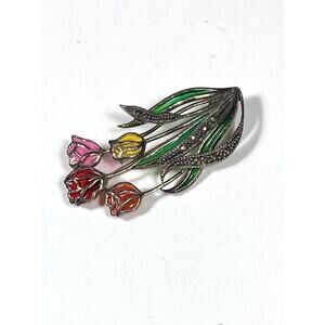 925 Sterling Silver Epoxy Tulips Marcasite Flowers Pin vintage